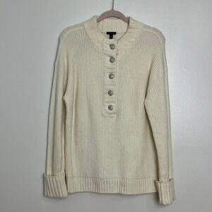 Talbots Women's Cream Button‎ Front Knit Pullover Sweater Sparkly Stones Size M